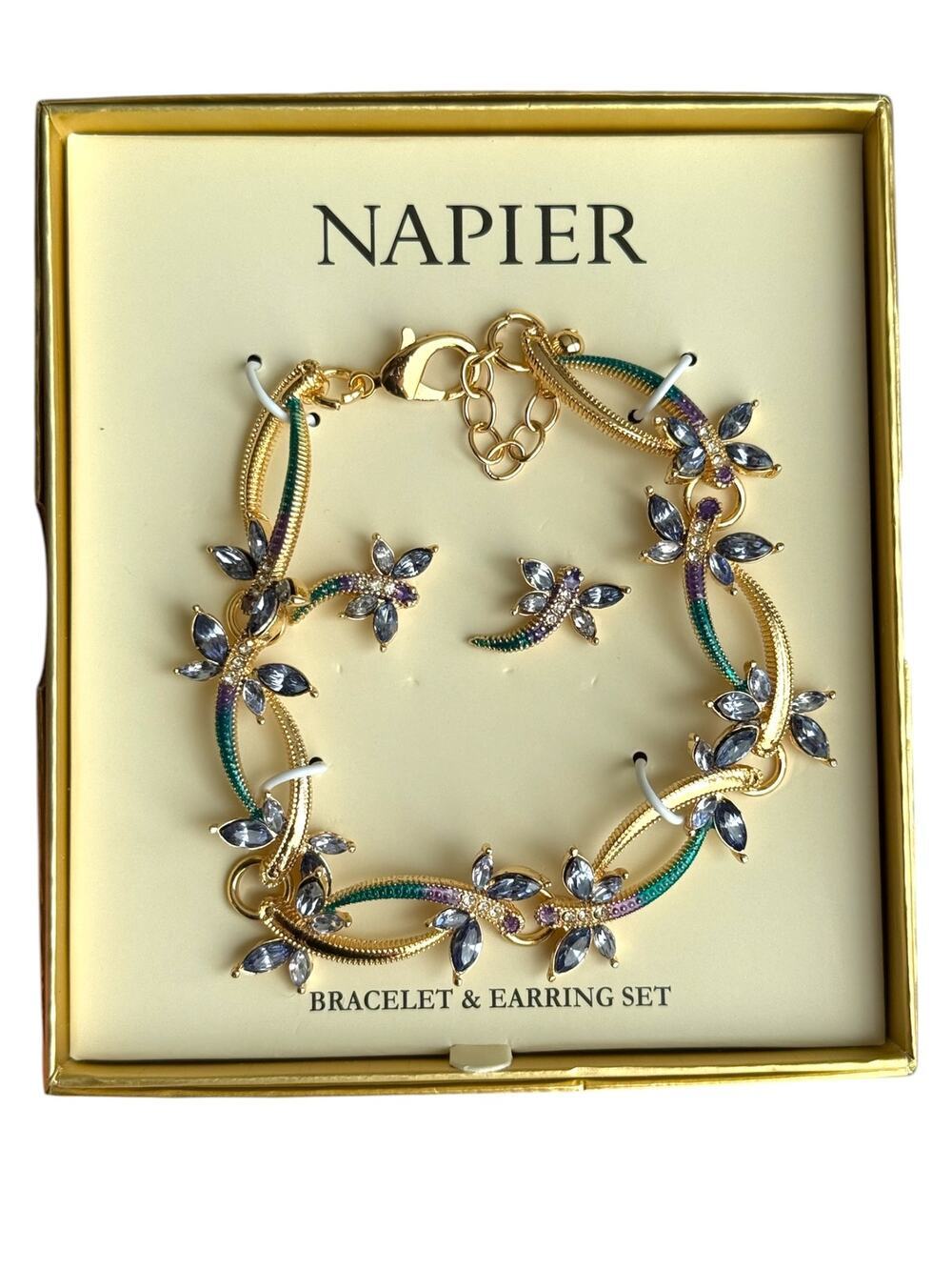 New NAPIER Dragonfly Bracelet Post Earrings Gold Tone Blue Jewelry Set in Box